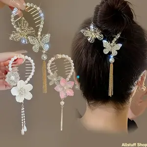 2pcs/3pcs Vintage High-End Multifunctional Tassel Ponytail Clips - Women's Accessories, Crystal-Studded Floral-Shaped & Pearlized Picks for Claw Clip Hairstyles, Accessories For Women