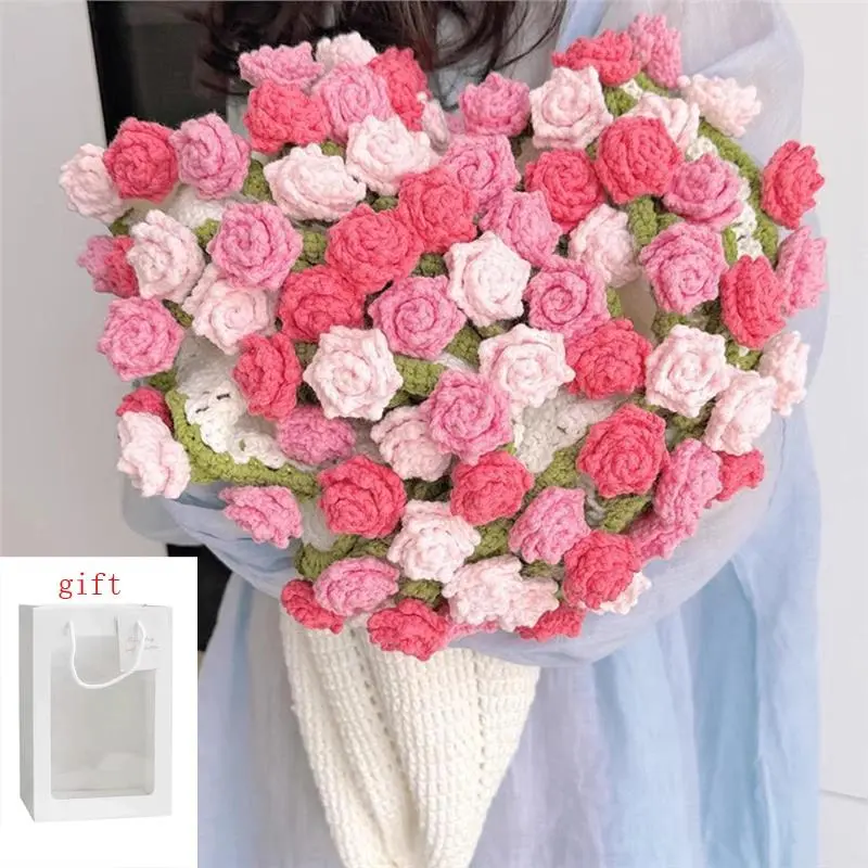 Hand Crocheted Cotton Rose Flower Bouquet (1pc) - 110cm Multi-Size Stitchwork Decorative Floral Decoration, Novelty Photo Prop Girlfriend Gift with Gift Bag, DIY Specialty Supplies