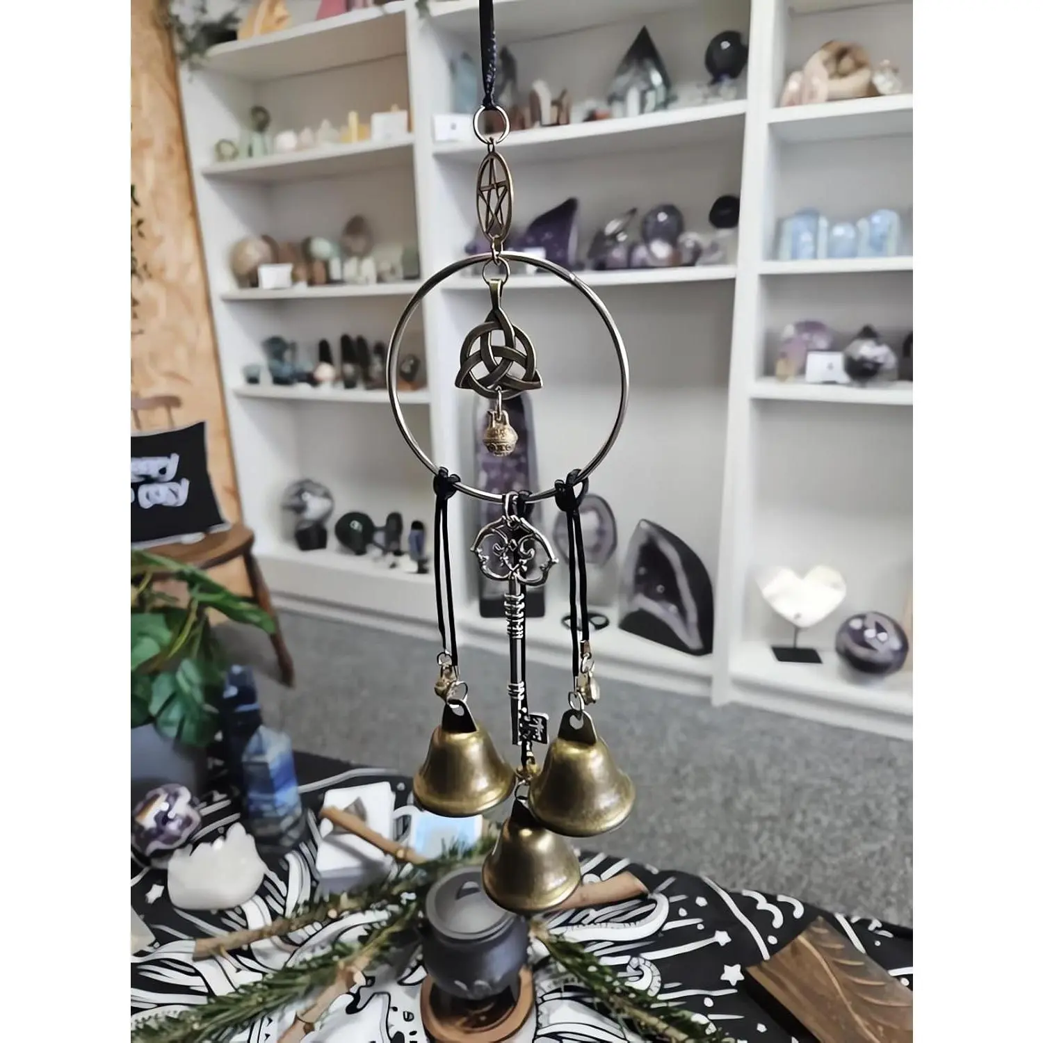 Handmade Witch Bells for Home Protection, 2026 New Witch Bells for Door Knob, Brass Wind Chimes with 3 Bells, Boho Style Door Hanging Witch Bell, Witchcraft Door Bell Decor for Home Room (A)