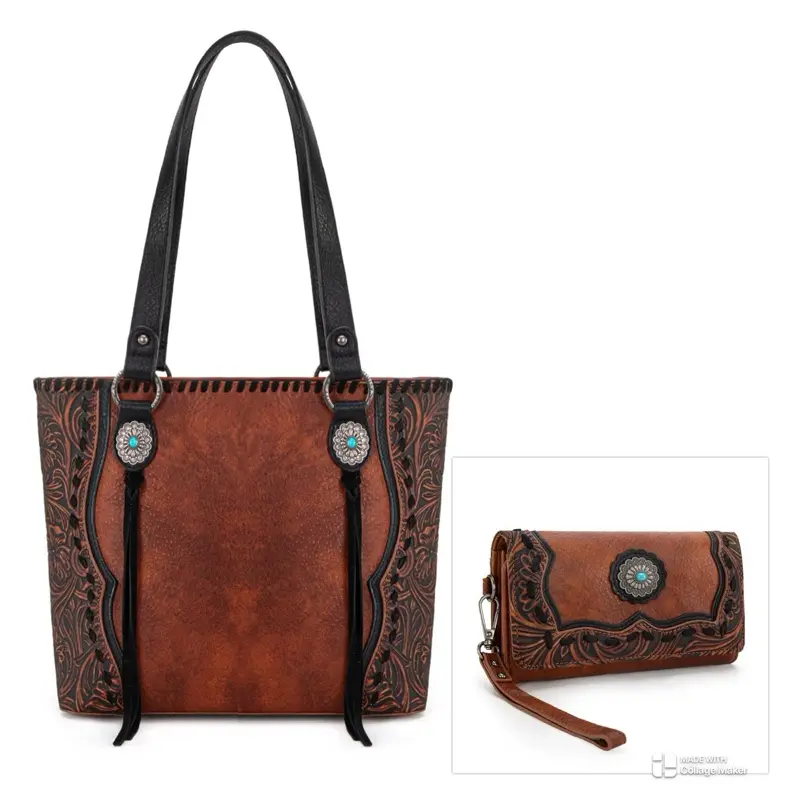Trinity Ranch Tooled Concho Concealed Carry Tote Bag w/ Matching Wallet