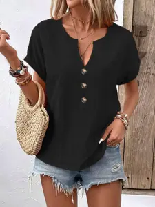 Women's V Neck Loose Fit Buttoned Slimming Top, Casual Versatile Blouse for Everyday Wear, Comfortable and Stylish Ladies' Clothing, Basic