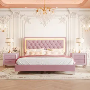 Queen Size Bed Frame with 2 Nightstands and LED Lights, 3 Pieces Queen Bedroom Sets, Velvet Upholstered Queen Platform Bed with Headboard & Wood Slat Support, No Box Spring Needed, Easy Assembly, Bedroom Sets, Pink