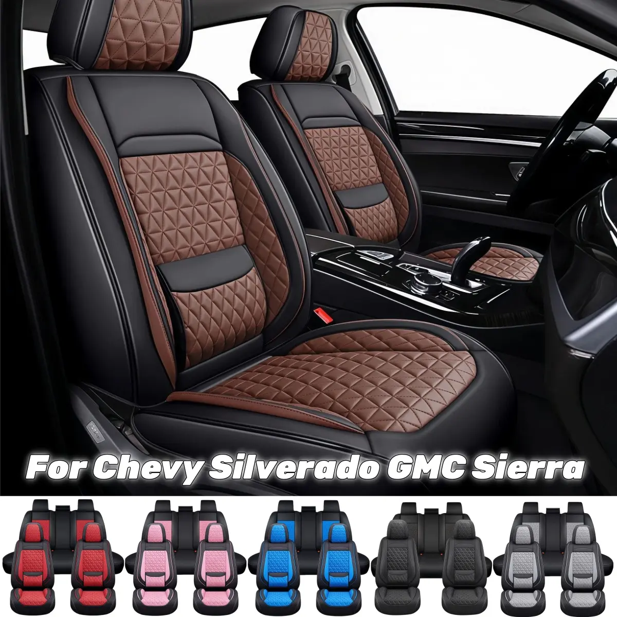 For Chevy Silverado & GMC Sierra Pickup Truck Nappa Leather Full Set Seat Covers, 5-Seat Full Surround Cushion with 3D Foam Back Support & Storage Pockets Waterproof Automotive Interior Protector Accessories