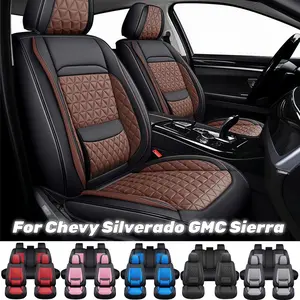 For Chevy Silverado & GMC Sierra Pickup Truck Nappa Leather Full Set Seat Covers, 5-Seat Full Surround Cushion with 3D Foam Back Support & Storage Pockets Waterproof Automotive Interior Protector Accessories