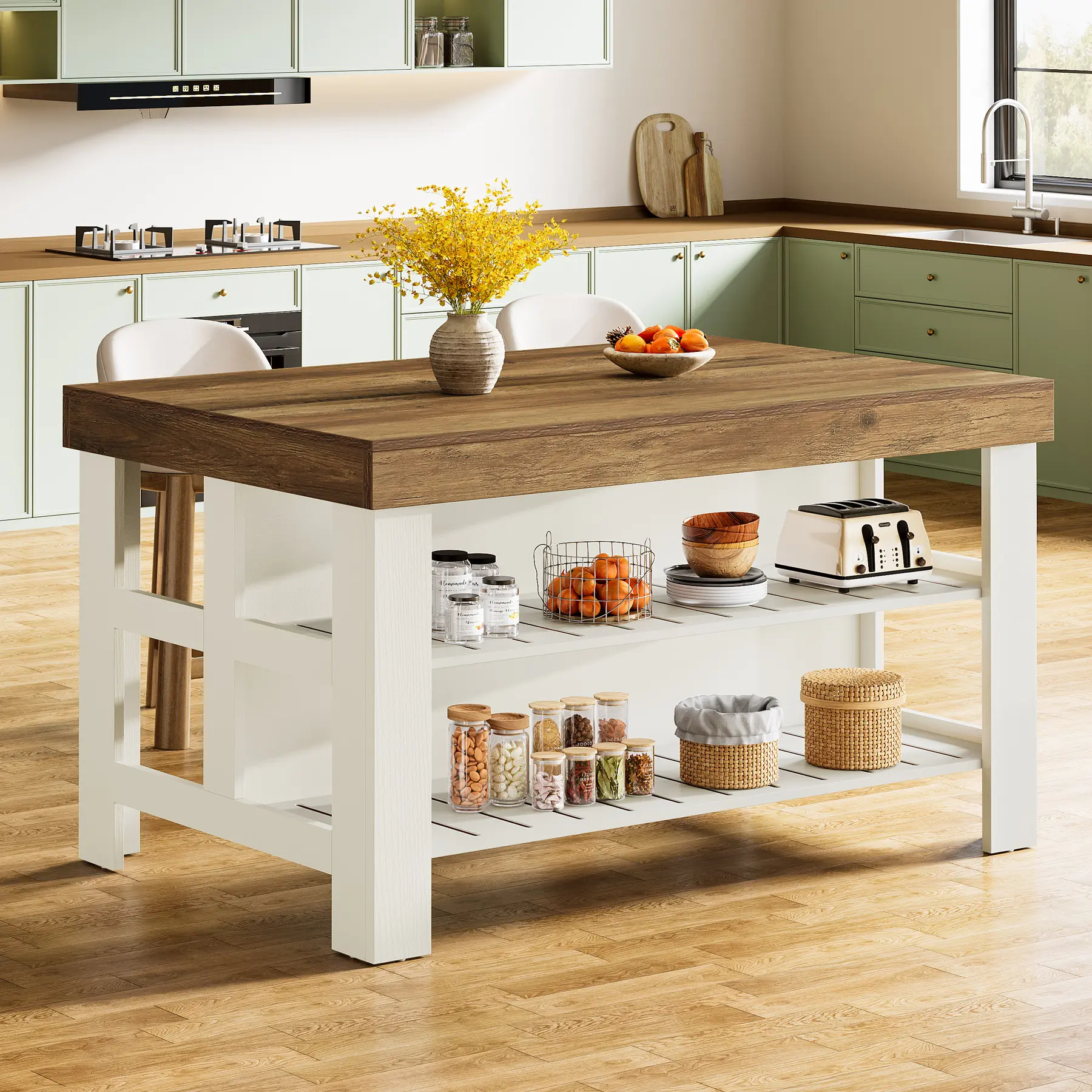 Tribesigns Sturdy Kitchen Island with Seating for 2 People, 55.1x31.5" Breakfast Counter, Interior Storage Furniture & Shelves, Furniture for Kitchen Dining Room Farmhouse Table