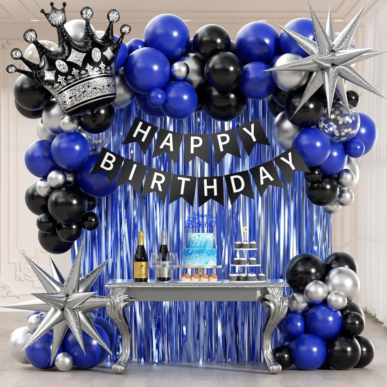 Birthday Decorations for Men with Black Metallic Silver Navy Blue Balloons Banner Blue Fringe Curtain for 21St 25Th 27Th 30Th 35Th 40Th 50Th 60Th Men Birthday Decorations Vicduotex