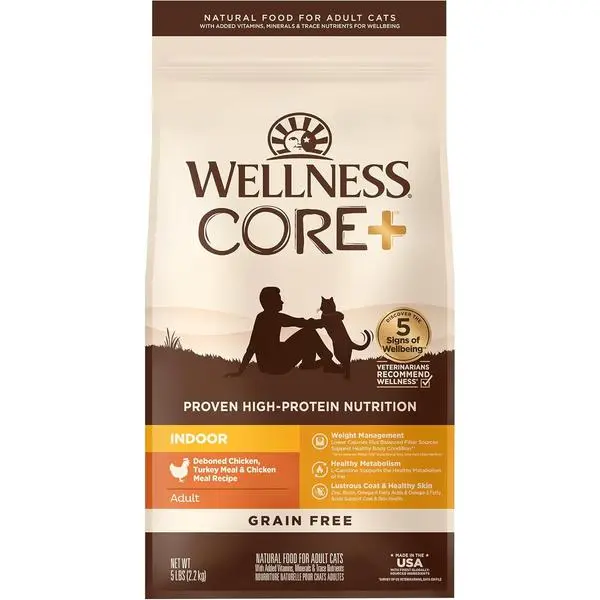 Wellness CORE+ Adult Dry Cat Food for Indoor Cats, Natural, Grain Free Kibble, Chicken, Turkey and Chicken Meal Recipe, 5 lb Bag