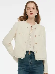 Tweed Collarless Women Crop Jacket