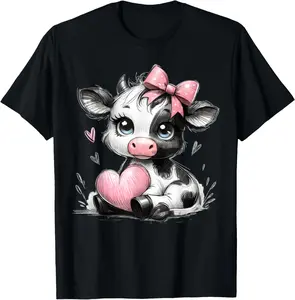100% Cotton Unisex Awesome Black & White Cow Holding Heart Pink Coquette Bow T-Shirt
