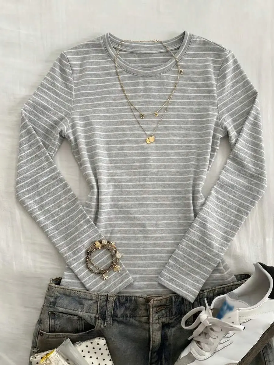 Lady's Cotton Fabric Slim Fit Round Neck Long Sleeve Solid Color Wide Stripe Casual Daily Top - Back to School, Short Sleeve Option Available