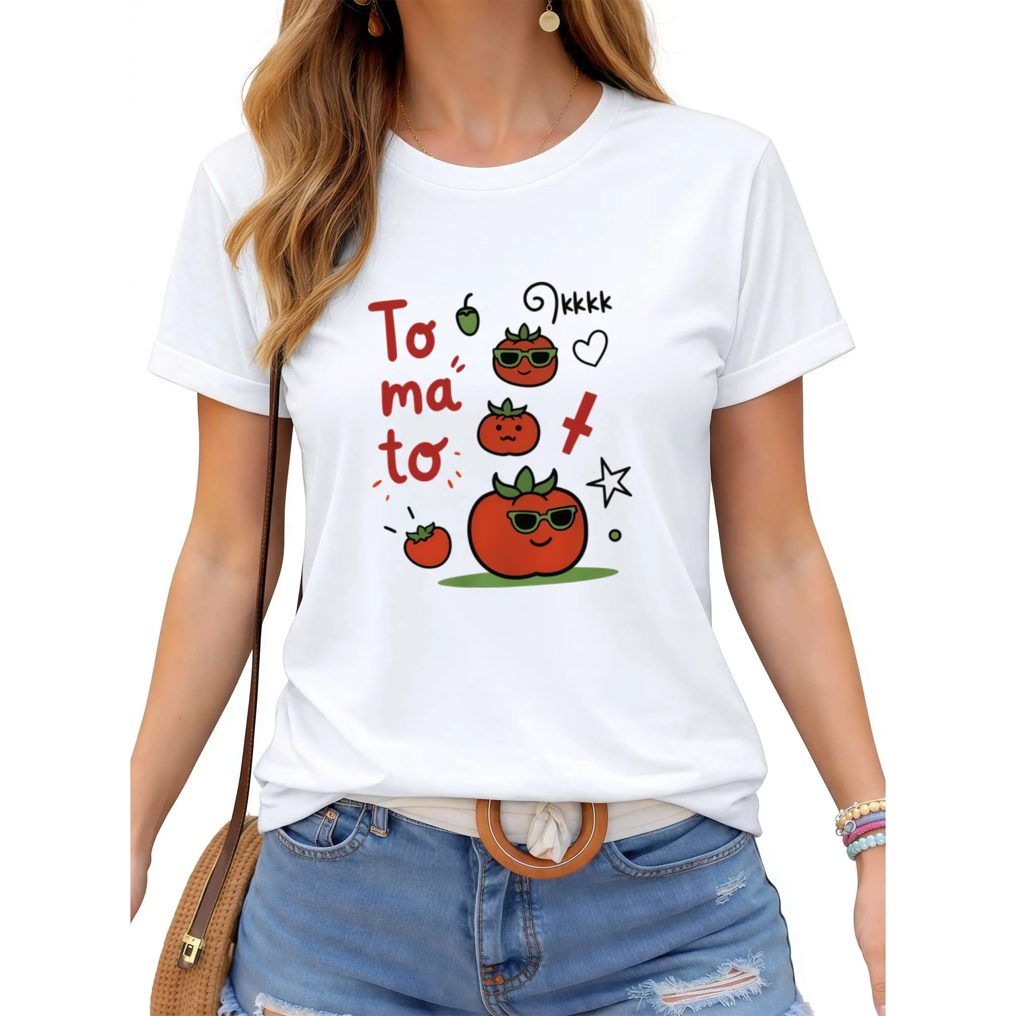 Women's Tomato Print T-Shirt - Cute Tomato & Tomato Family Cartoon Short Sleeve Blouse Compatible for Picnic Party Outfits, Round Neck Casual Top, Spring Summer Fall Casual Attire Suitable for Food Market Outfits