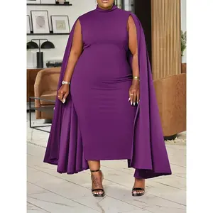 Elegant Plus Size Solid Cape Dress - Stretch Polyester Blend, Turtleneck, Machine Washable - Perfect for Spring/Fall Casual Knitting