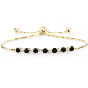 18K Yellow Gold Plated Silver Black Onyx and White Moissanite Tennis Bracelet For Women (0.82 Cttw, Gemstone Birthstone, Fully Adjustable Up to 9 Inch)