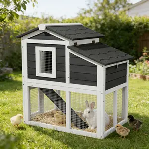 Outdoor Rabbit Hutch Wooden with Waterproof Roof, Runways, Pull-Out Trays, Removable Base Plate & Openable Top for Indoor/Outdoor Use
