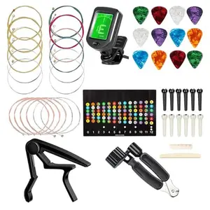 Guitar Accessories Kit Including acoustic Guitar Strings, tuner, capo, 3-in-1 restring tool, picks, bridge pins, guitar nuts saddles and Fretboard Stickers(48 Pcs)