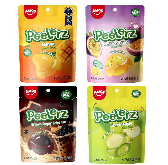AMOS Peelerz Peelable Gummy Candy Bundle, Mango Green Apple Cherry Passion Fruit Flavors, Fruit Gummy Variety Pack, 4 Pack