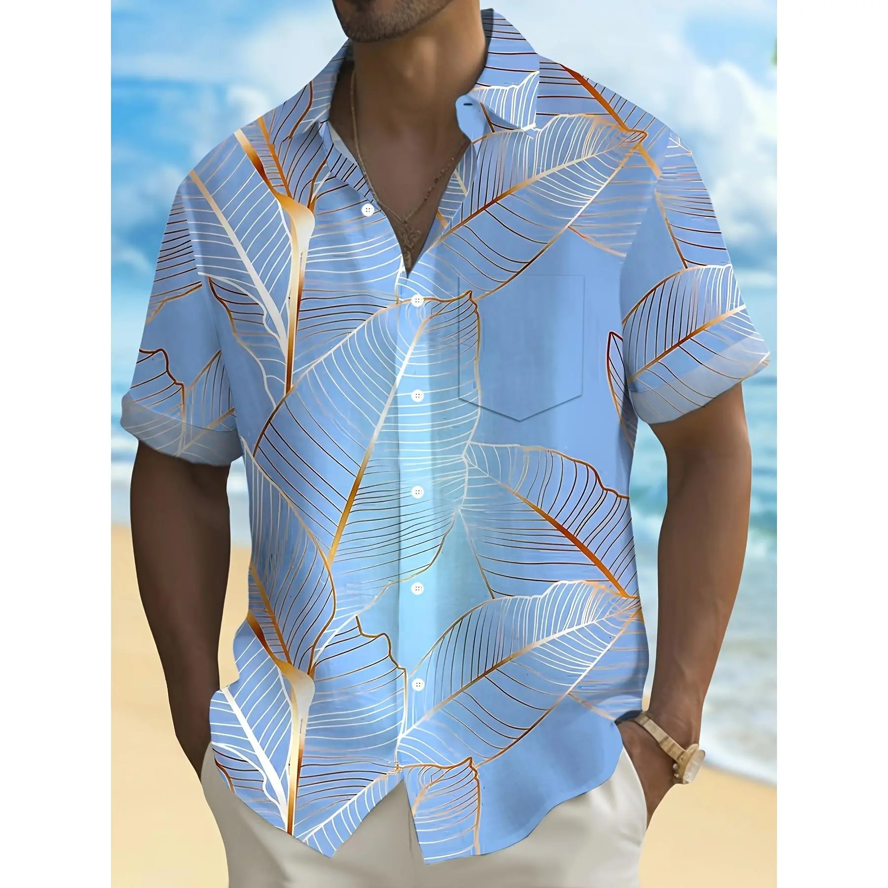 Men's Casual Short Sleeve Shirt featuring a Teal and Golden Tropical Leaf Print, Lightweight Polyester with a Chest Pocket, Menswear, Shortsleeve, Tops, Plants, Weekend