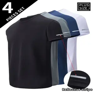 4pcs Plus Size Men's Moisture-Wicking Breathable Short Sleeve Summer Running Shirt Quick-Dry T-Shirt for Nighttime Exercise, PLUS SIZE