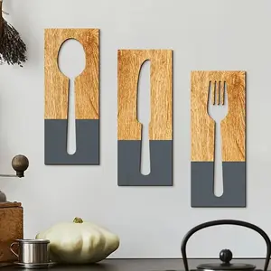 Wooden Wall Decor Set for Kitchen & Dining Room, Fork Knife Spoon Hanging Ornaments, No Power Needed, Ideal Gift for Bedroom Living Room Entrance