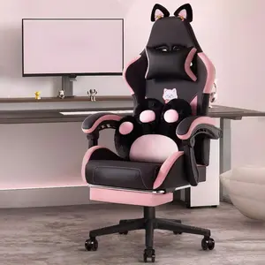 Cute Gaming Chair With Cat Ears & Cat Paw Lumbar Support, Ergonomic Reclining PC Chair For Kids, Girls & Teens, With Footrest, Headrest & Adjustable Features