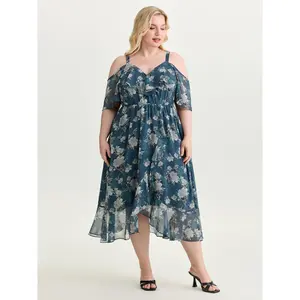 BLOOMCHIC Women's Plus Size Smooth Polyester Fabric Midi Dress - Floral Print Cold-Shoulder Sleeve Fit Womenswear Swimweek