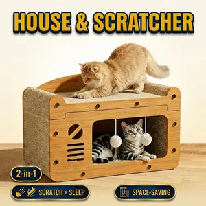 EcoJoy Pets 2-in-1 Wooden Cat House & Scratcher - 22" Double Layer Cat Condo - Sturdy Cat Furniture, Bed & Scratching Post for Indoor Cats,summervibes