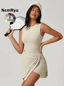 Women's sleeveless plain weave mid stretch flat shoulder beautiful back split strap integrated yoga skirt pants  outdoor sports hiking tennis cycling Pilates jumpsuit  summer new comfortable lace up jumpsuit pants Fitness Sport Outfits