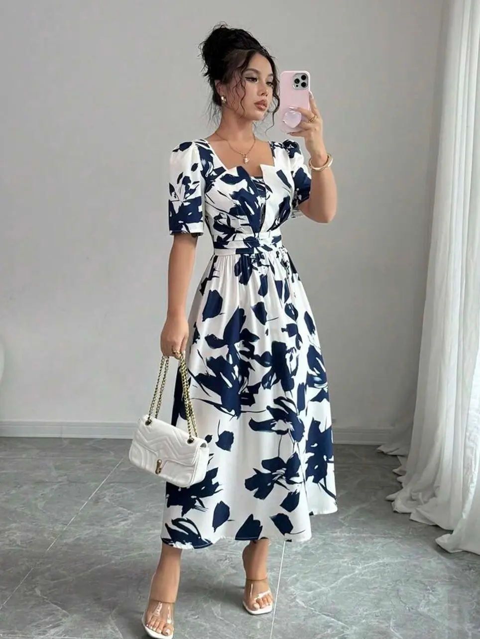 Square Neck Puff Sleeve Summer Waist Gathered Elegant Allover Print Colorblock Dress