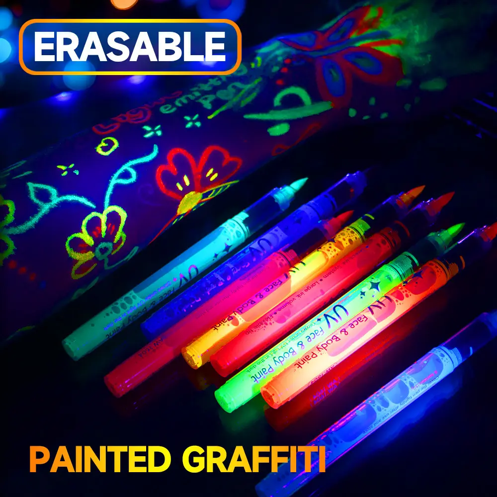 8/12/18 Color Glow Graffiti Pens, Creative Painting Fluorescent Markers, UV Light Glowing Signature Pens, Erasable Easy Clean Makeup, Bulk Markers