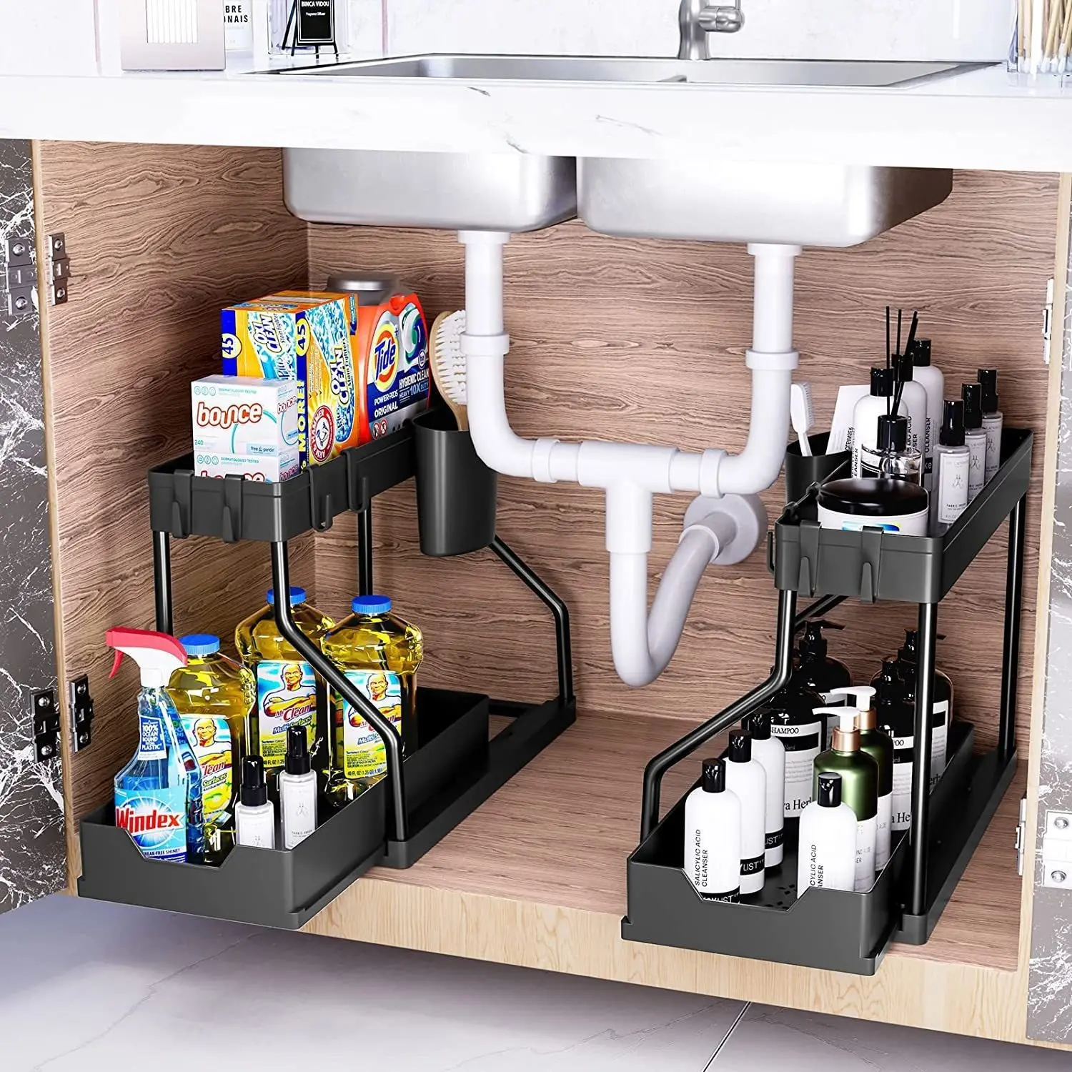 2-Pack Black Sliding Under Sink Organizers, 2-Tier Cabinet Basket Organizers with Hooks, Multi-Purpose Storage for Bathroom Kitchen, Set Pack