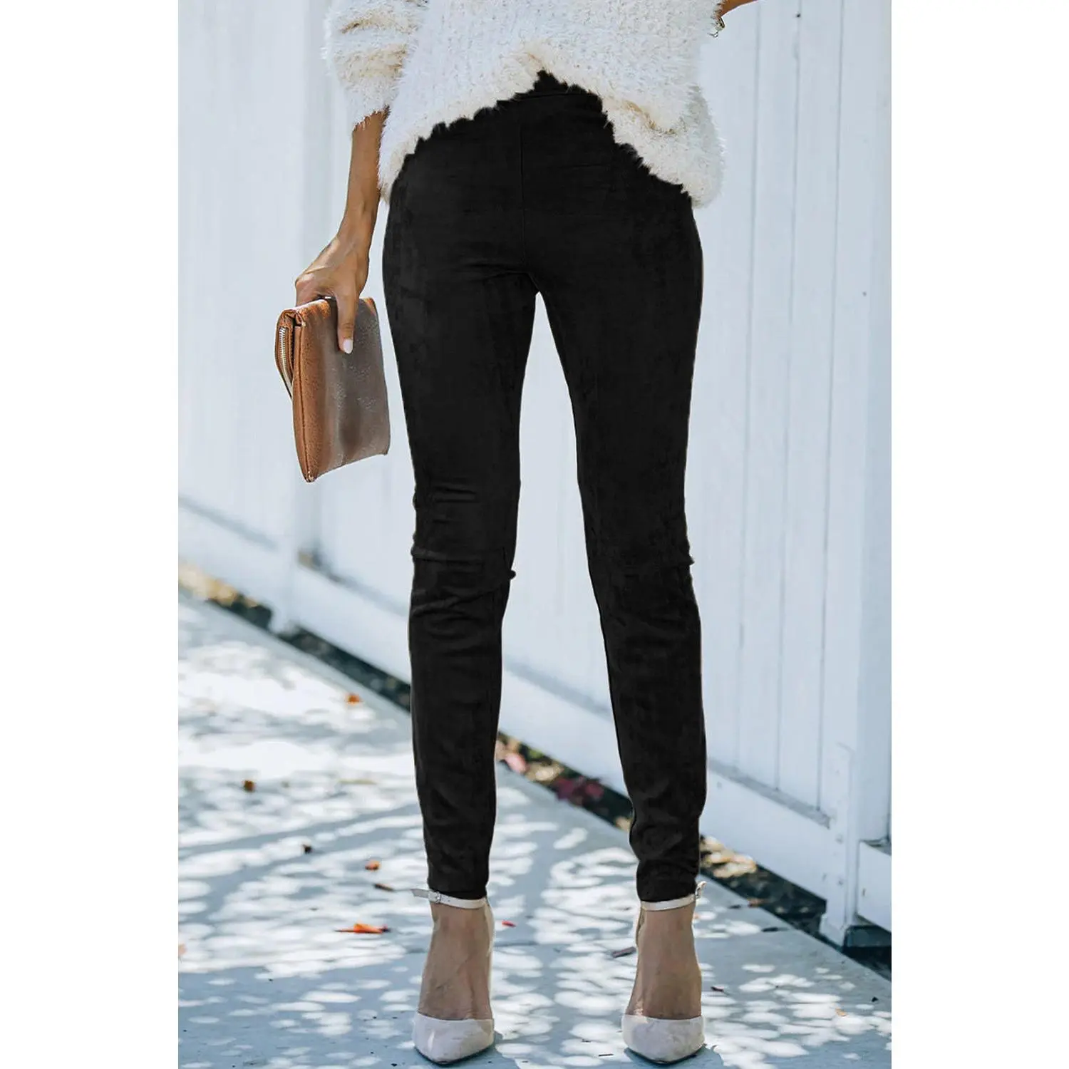 Black Mid Rise Faux Suede Skinny Leggings