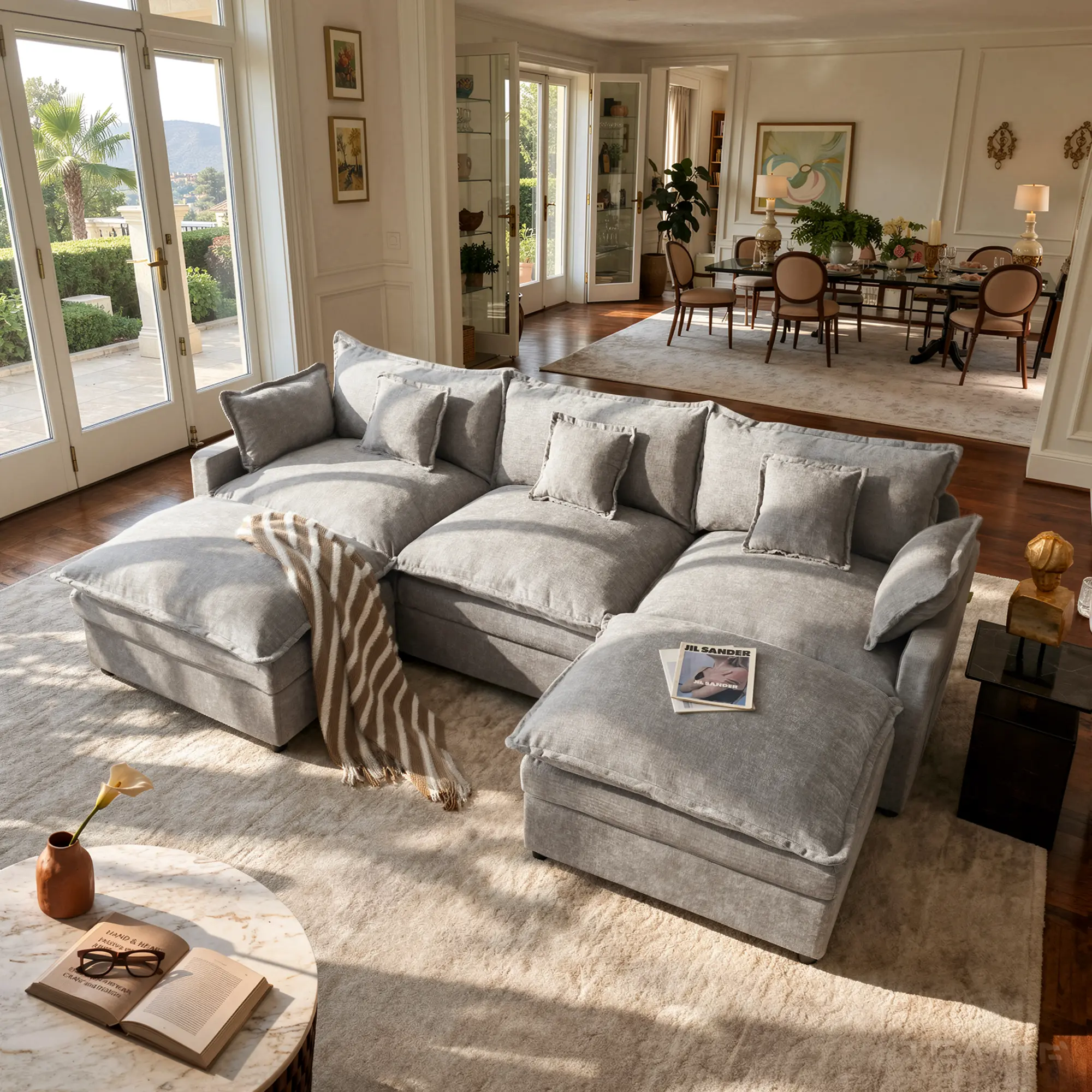 WEAXTY 108" U-Shaped Chenille Modular 5-Seater Couch Sofa - Corner Cushioned Deep Seating Sofa with 2 Movable Ottomans, 8 Pillows, Comfy Couch Bed for Living Room, Apartment