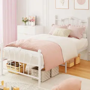 Twin Size White Metal Frame Bed with Heart-Shaped Headboard, Footboard, Orb Accents, Solid Platform Mattress Foundation, Noise-Free Heavy-Duty Support Slats, Romantic Look, No Box Spring Needed, Easy Assembly
