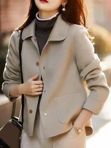 Elegant Women’s Woven Long-Sleeve Coat, High-Quality Short Overcoat for Spring and Autumn, Slim Fit with Pocket Details