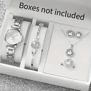 Silver-Tone Crystal Watch Set | Complete 5-Piece Rhinestone Jewelry Kit in Gift Box