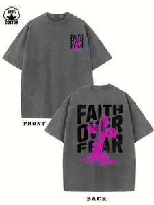 Faith Over Fear Verse T-Shirt - 230GSM Heavy Washed Batik Cotton, Casual Round Neck Apparel, Machine Washable Summer & Year-Round Wear, Inspirational y2k,Vintage,Streetwear Christmas