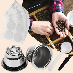 2 Cups+100 Lids - Reusable Espresso Capsules Refillable Coffee Pods Stainless Steel Cups Filters Compatible for Nespresso Original Line Machines with Aluminum Foil Seals Stickers Lids