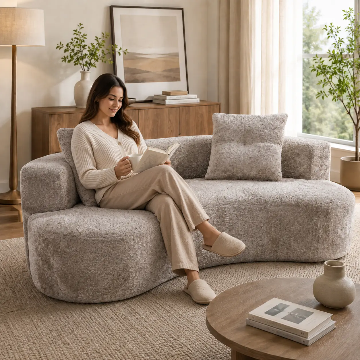 Kaudeno 80" Boucle Curved Modular Boneless Sofa with 2 Pillows, Upholstered Modern Style 3-Seater Couch with High Resilience Cushion, No Assembly Required, for Apartment, Living Room, Office, Camel
