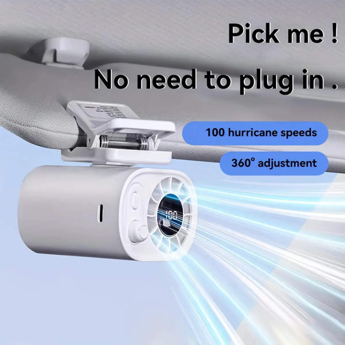 Portable Car LCD Clip Fan 360° Rotatable 100 Speed Wind 12V USB Rechargeable 1800mAh Electric Fan Low Noise Mini Fan Clamp Anywhere