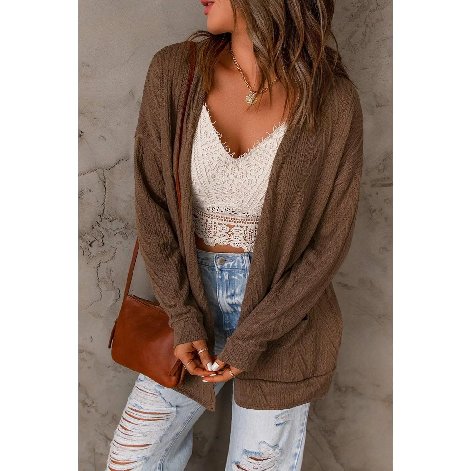 Brown Drop Shoulder Textured Cardigan