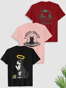 Plus Size Cat & Alien Energy Print Cotton T-Shirt, Fashionable Loose Streetwear, Casual Fitted Top for All Seasons