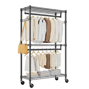 Heavy Duty Rolling Garment Rack 3 Tiers Adjustable Wire Shelving Clothes Rack with 2 Rods and Side Hooks,Storage Closet Clothing Rack with Wheels 15.7" D x 29.5" W x 74.5" H