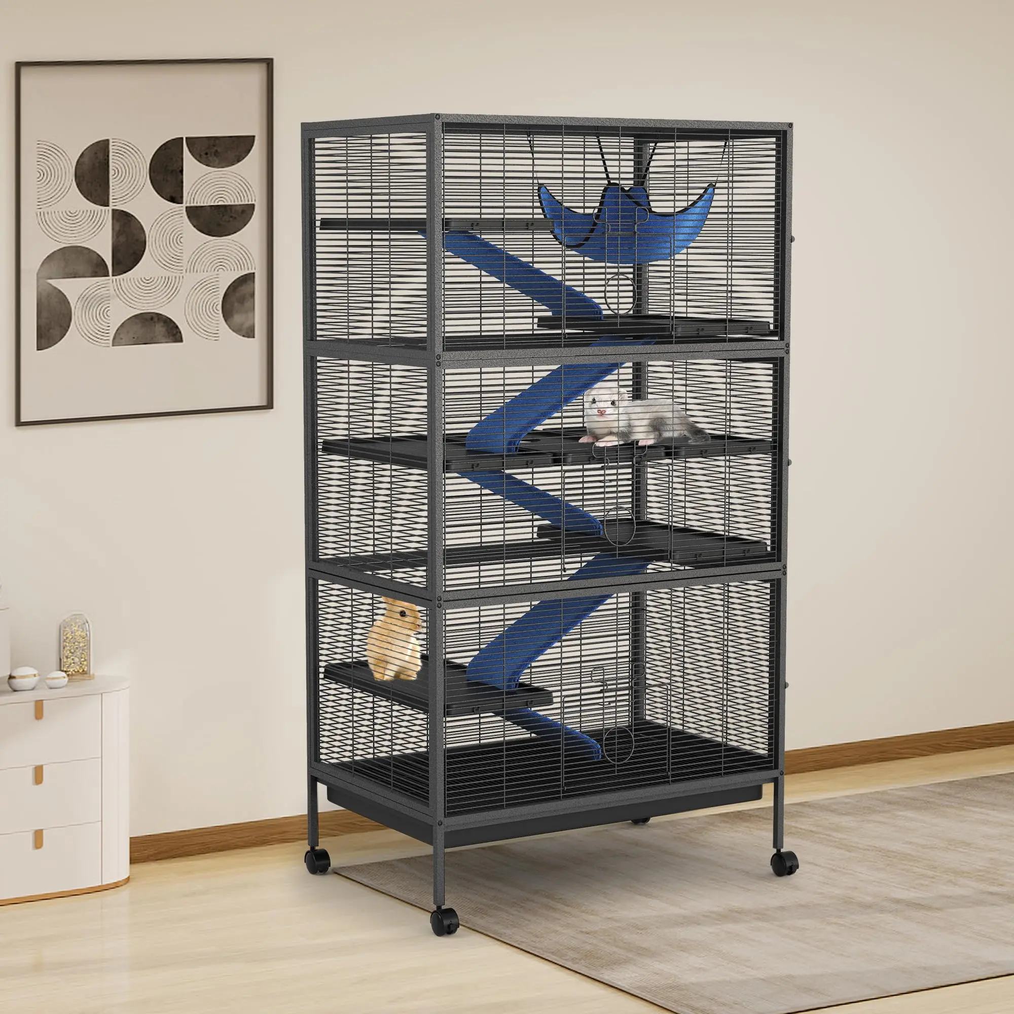 50-inch Wrought Iron Multi-Level Small Animal Cage - Rolling Habitat with 6 Platforms, Ramps, Lockable Doors, Storage Cabinet, Removable Parts for Ferrets, Guinea Pigs