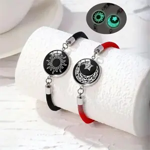 Couple Friendship Bracelet Set Sun Moon Theme, Glow in The Dark Glass Beads Exposed to Light, Handcrafted Pair Jewelry for Romantic Dinner Gift Partners Birthday Holiday