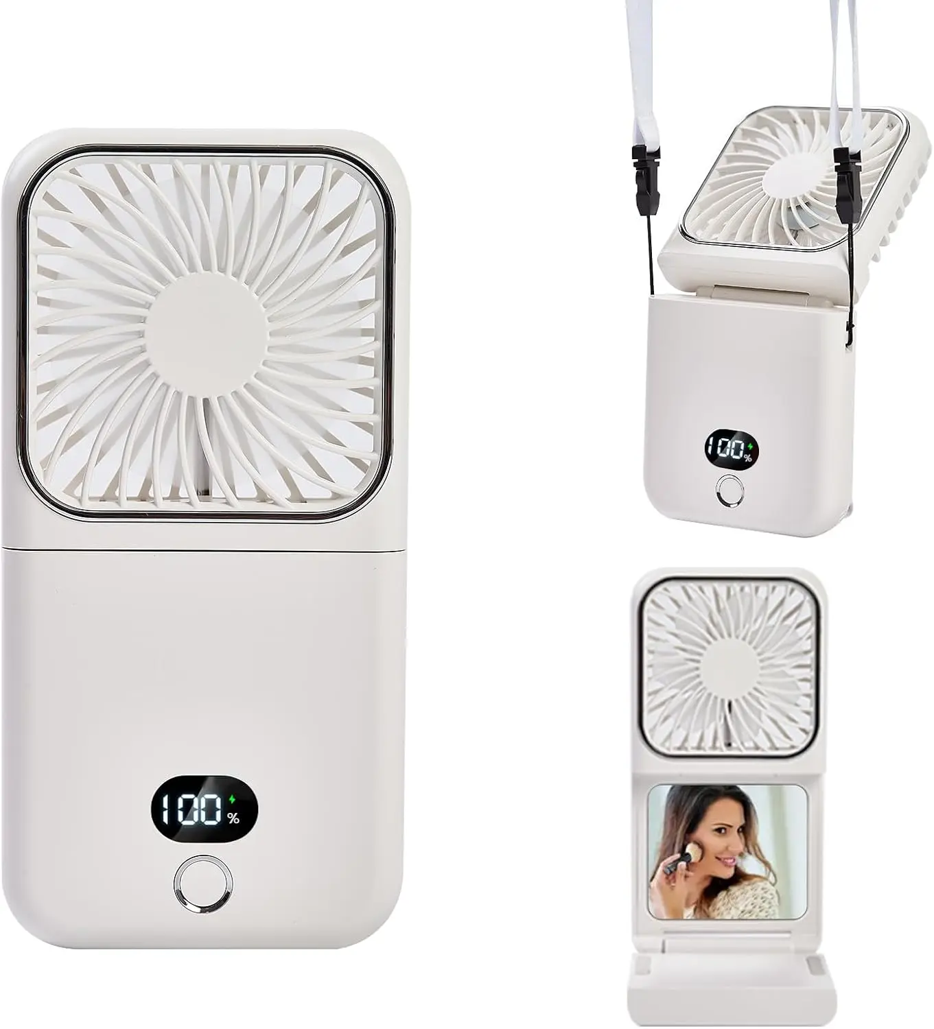 Portable Neck Fan with Built-in Makeup Mirror, Foldable Hands-Free Wearable Fan, USB Rechargeable Personal Fan with Power Bank & Digital LED Display, Mini Desk Fan for Travel, Makeup, Office & Outdoor Use