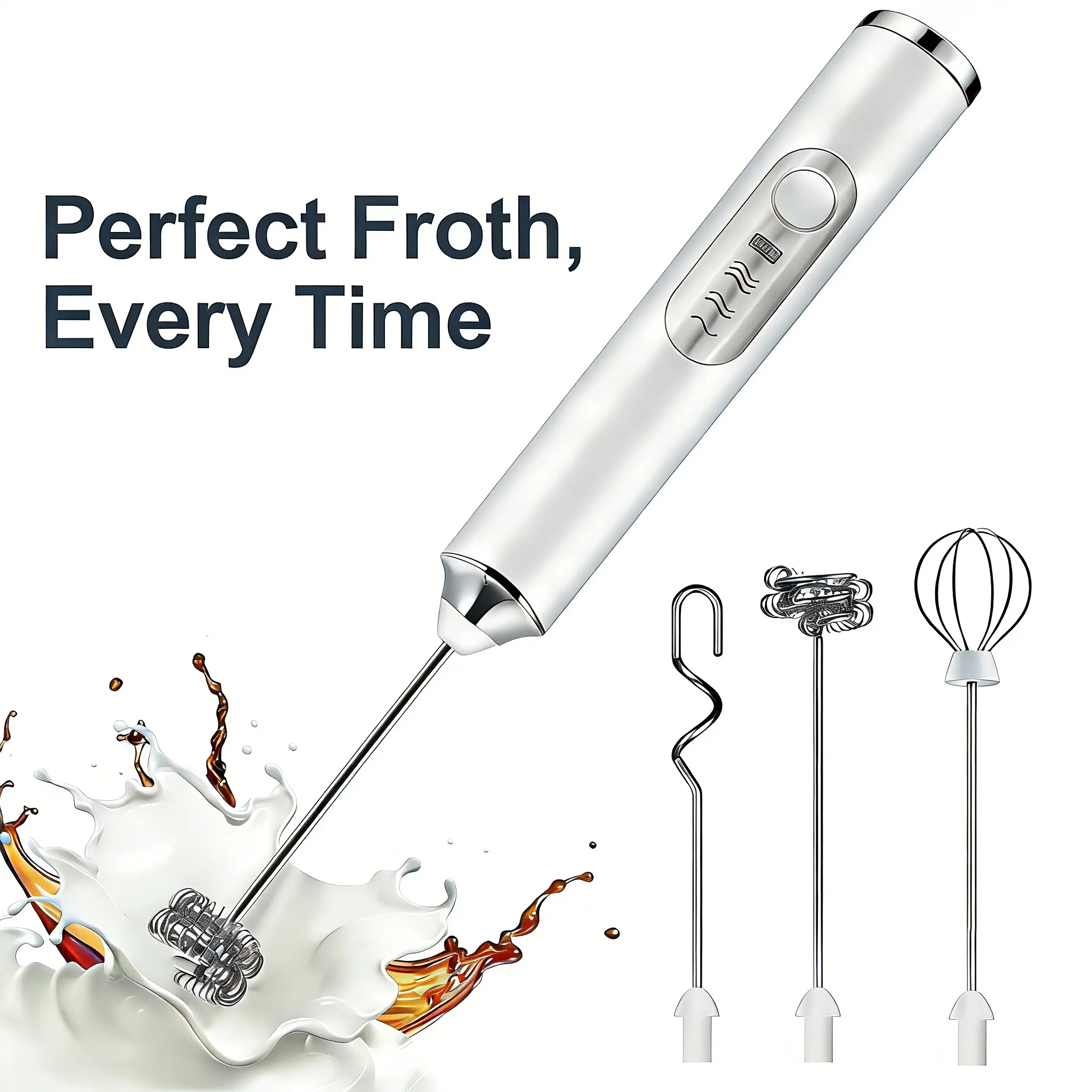 Handheld Rechargeable Milk Frother Wand - 2 Stainless Steel Whisks, 3-Speed Adjustable Electric Foam Maker & Drink Mixer, Coffee Station Accessories for Office Presentation Supplies