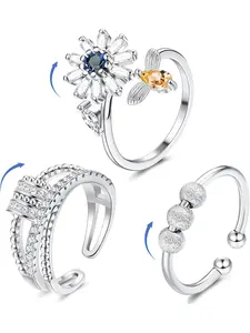 3 Pcs Anxiety Ring Fidget Rings for Anxiety Spinner Ring Figit Spinning Ring Anxiety Ring for Women Men Butterfly Flower Beads Worry Stress Ring Set Adjustable Fashion Stackable Rings