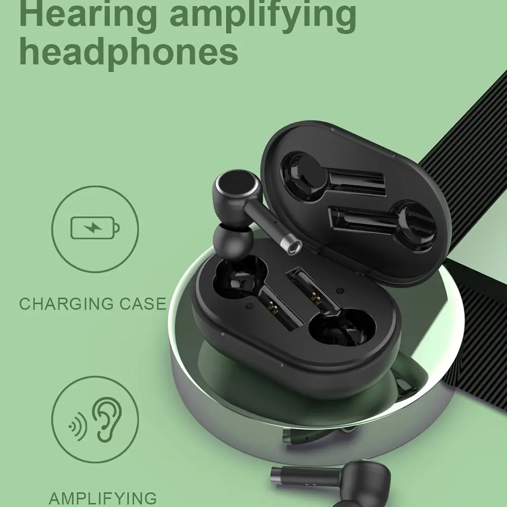 sound amplifier, personal sound amplifying headphones, adjustable volume enhanced headphones, lightweight and comfortable full-ear headphones suitable for the elderly and adults, suitable for daily use, with charging case