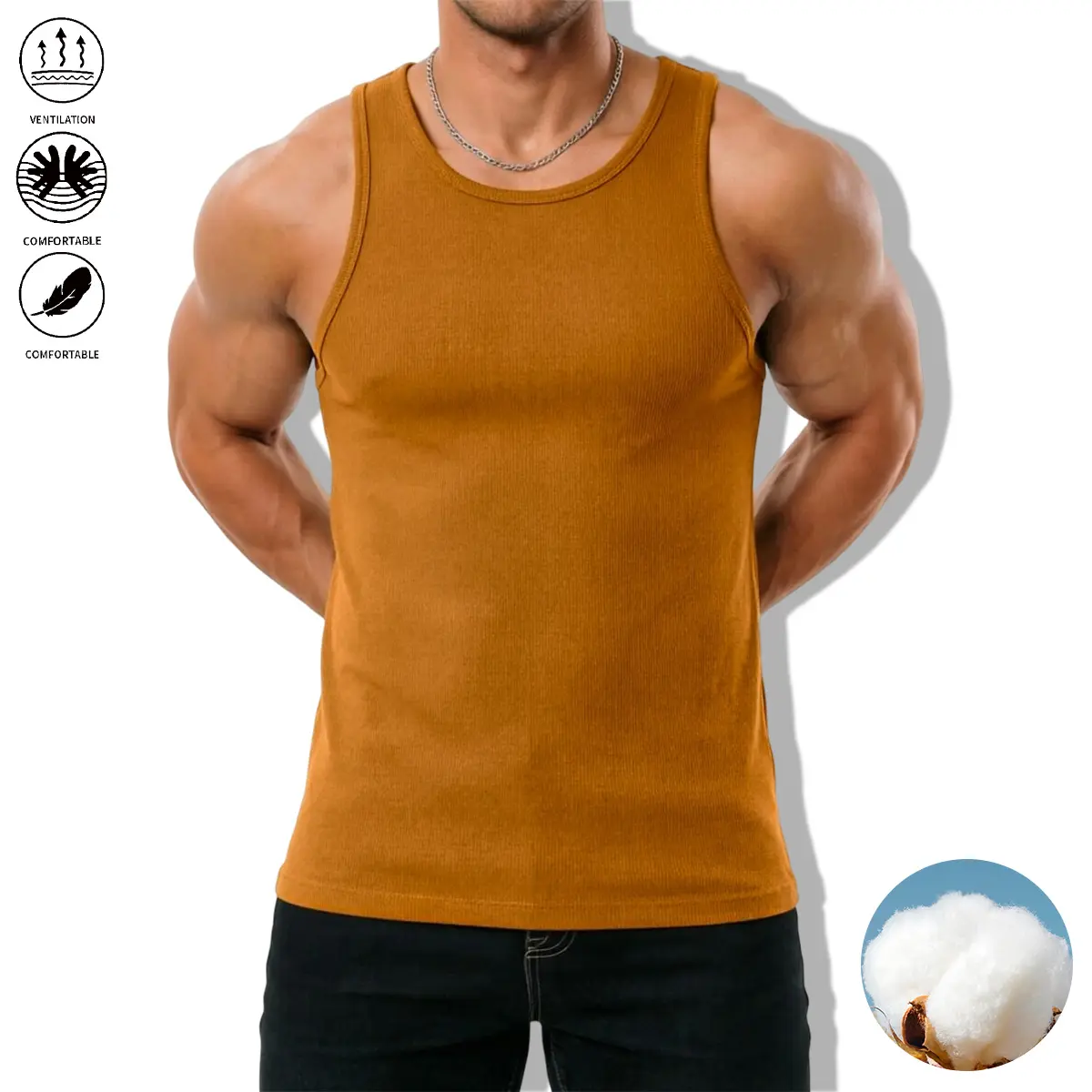 Men's Plain Fine Ribbed Stretch Tank Top - 92% Cotton Breathable Fabric Sleeveless Menswear Boxing Muscle Layer, Soft Elastic Undershirt for Workout Daily Wear (Mustard)