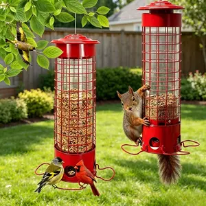 Red Squirrel-Proof Metal Bird Feeder, Hanging Cage Feeder for Cardinals, Finches & Small Wild Birds, Weatherproof Outdoor Yard Decor